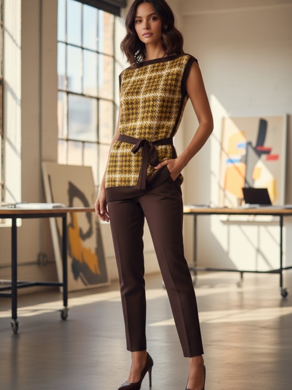 Vintage Houndstooth Tab Sleeve Belted Top Shirt